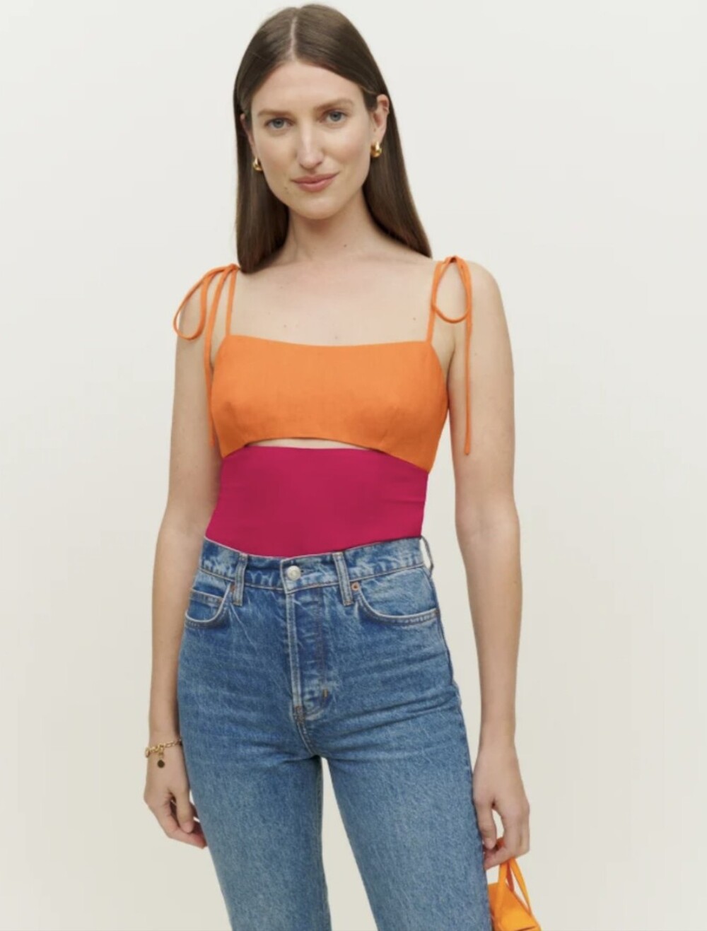 Reformation Orange and Fuchsia Tie-Shoulder Crop Top